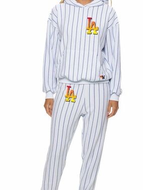 Aviator Nation White Pinstripe Track Joggers with Red-Yellow LA Patch